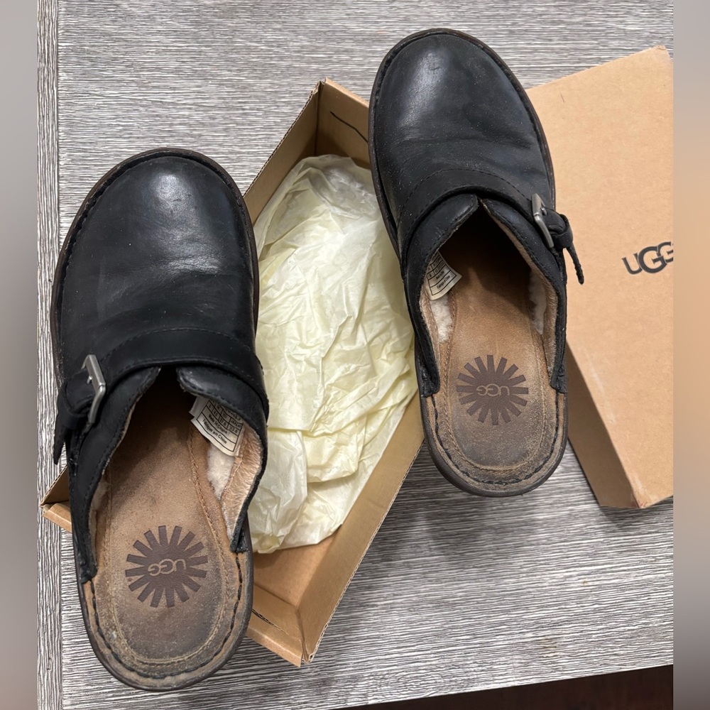 UGG Black Leather Slip-On Shoes clogs size 6